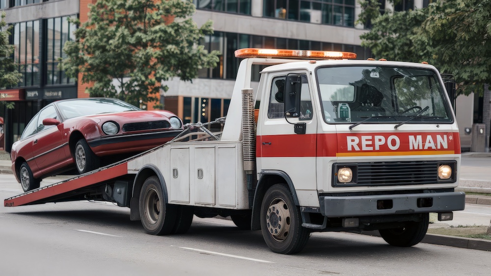 White and red tow truck with "REPO MAN" text loading a red car on city street.