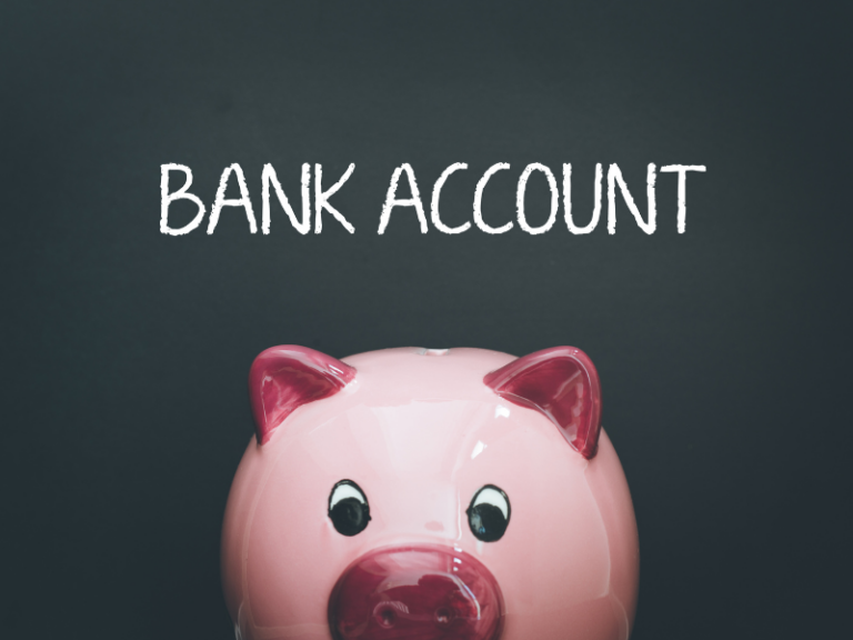 Pink piggy bank with dark background and white text "BANK ACCOUNT" above it.