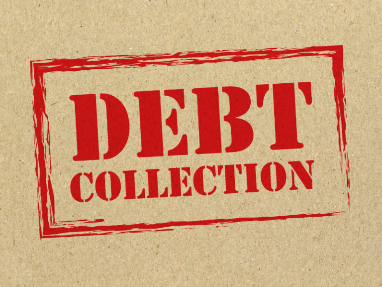 Red "DEBT COLLECTION" text stamped on textured brown paper background.