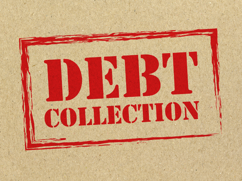 Red "DEBT COLLECTION" text stamped on textured brown paper background.