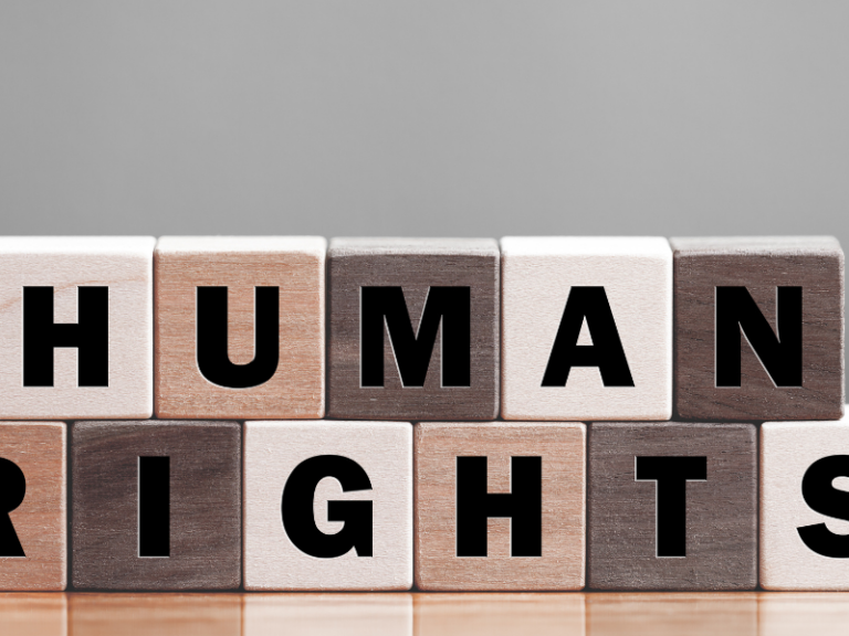 Wooden blocks with black letters spelling "HUMAN RIGHTS" against a gray background.