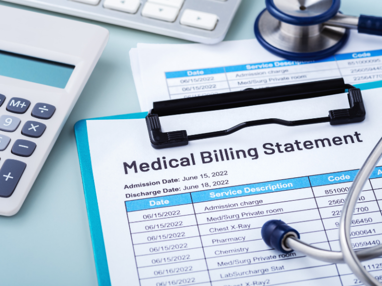 Medical billing statement on clipboard with stethoscope, calculator, and keyboard nearby.