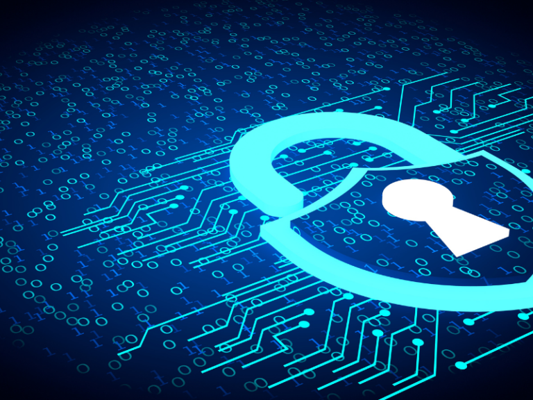 Illustration of a glowing blue unlocked padlock on a digital circuit and binary code background.