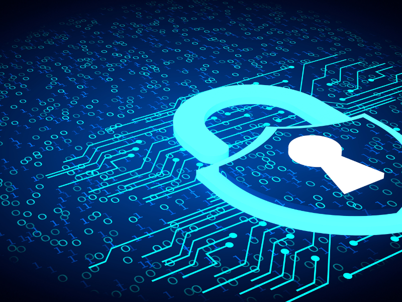 Illustration of a glowing blue unlocked padlock on a digital circuit and binary code background.
