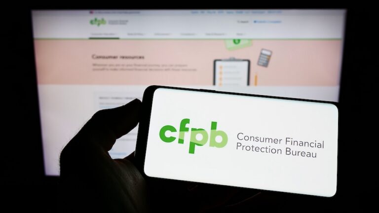 Smartphone screen displaying the Consumer Financial Protection Bureau logo in green and black text.