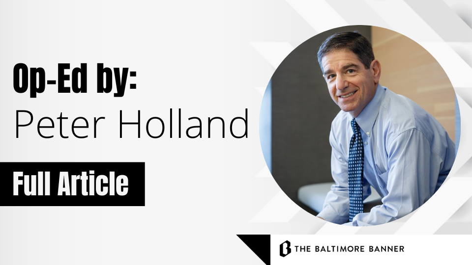 Professional portrait of Peter Holland in a blue shirt and tie, with text "Op-Ed by: Peter Holland" and "Full Article.