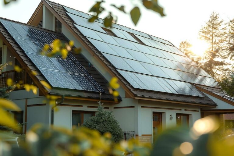 Modern residential house roof equipped with large solar panels, surrounded by trees at sunset.