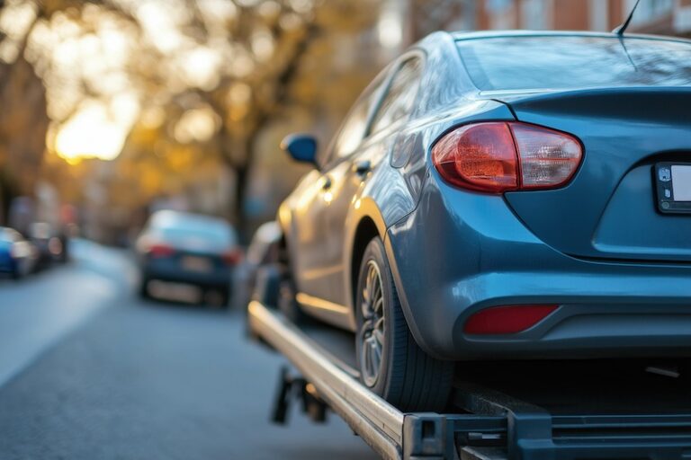 Blue sedan car loaded on a tow truck with an urban street background at sunset.