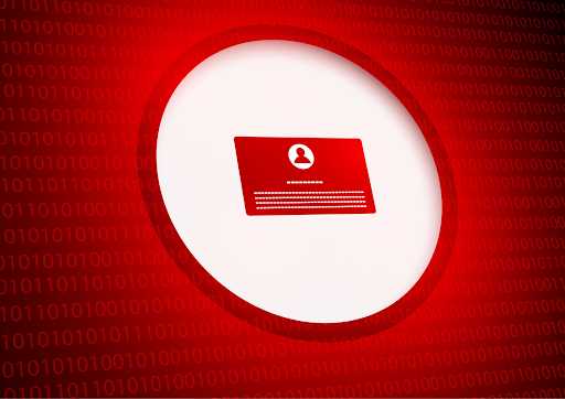Red digital identification card icon with user profile on white circle, binary code background.