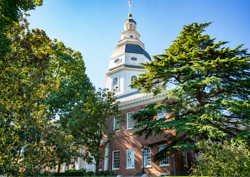 Exterior view of a historic brick government building with a white dome, surrounded by green trees under a clear blue sky.
