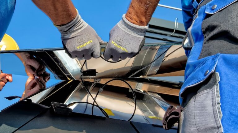 Close-up of workers' gloved hands installing or repairing reflective solar panels under clear blue sky.
