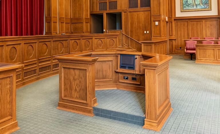 Interior of a courtroom witness stand with wooden paneling and a small monitor.