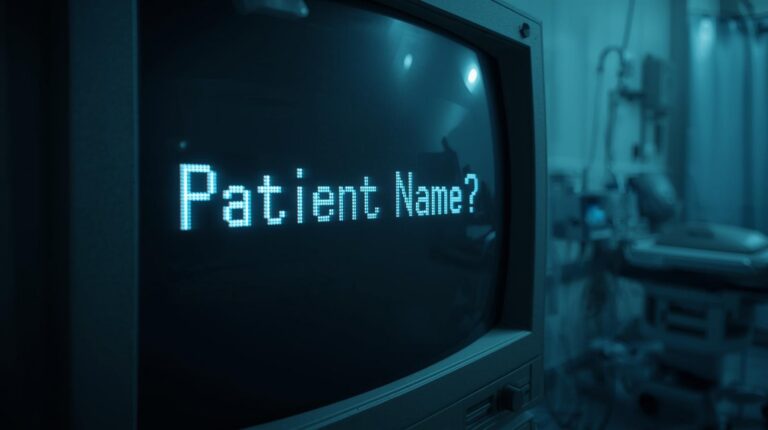 Close-up of a medical monitor screen displaying the text "Patient Name?" in a dimly lit hospital room.
