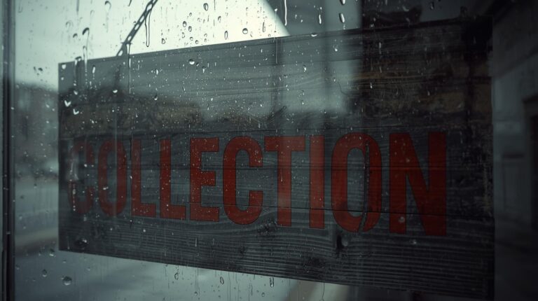 Wooden sign with the word "COLLECTION" in red, viewed through rain-covered glass.