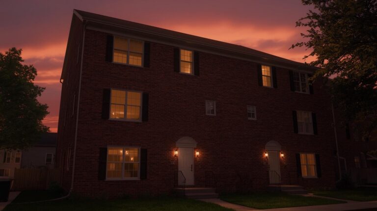 Three-story brick residential building with illuminated windows at dusk, under an orange sky.