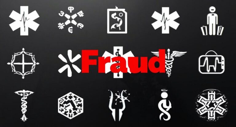 Graphic of various white medical symbols on black background with bold red "Fraud" text in center.