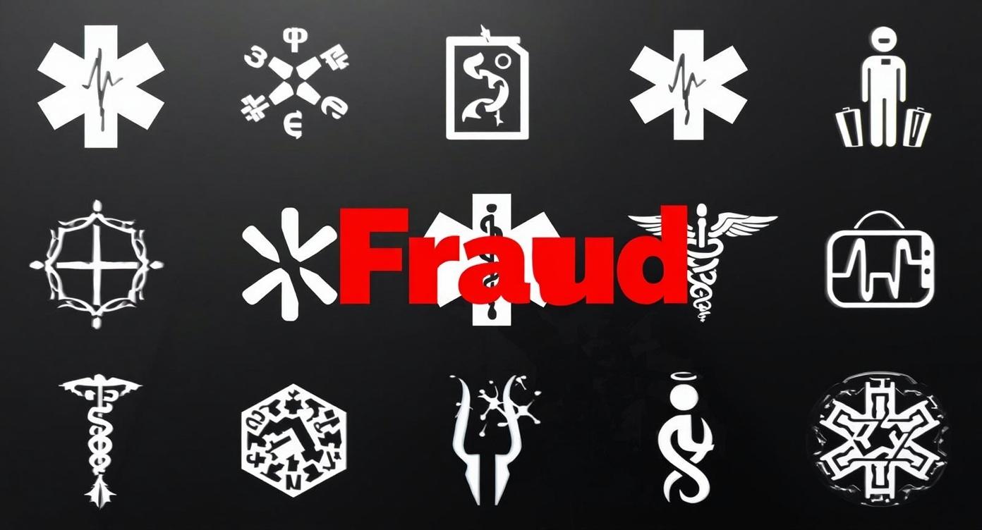 Graphic of various white medical symbols on black background with bold red "Fraud" text in center.