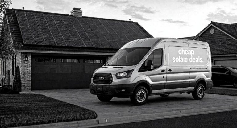 White commercial van with "cheap solar deals" text parked in driveway of house with solar panels.