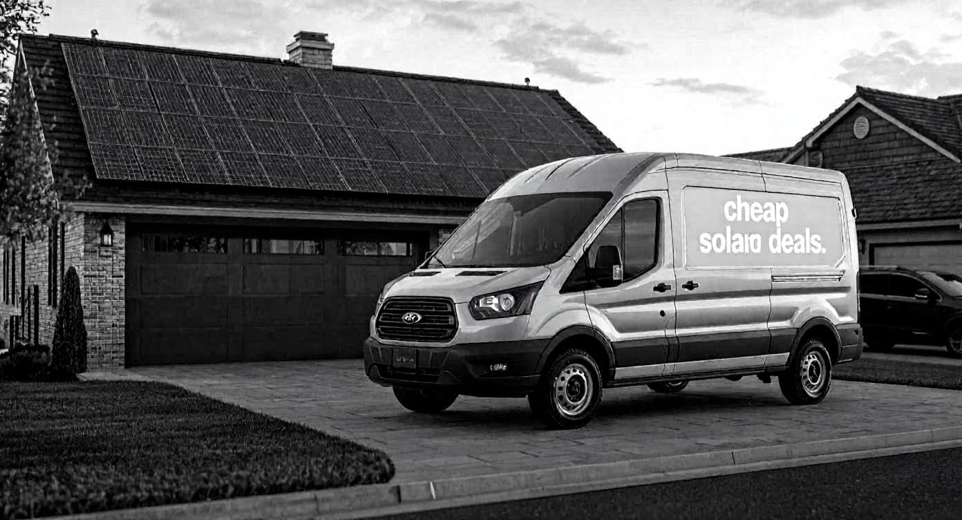 White commercial van with "cheap solar deals" text parked in driveway of house with solar panels.