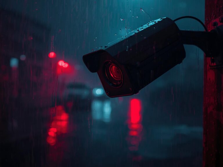 Surveillance camera mounted on a wall in rain, illuminated by red and blue city lights.