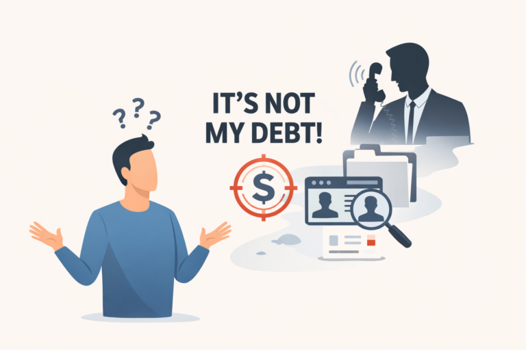 Illustration of confused man with question marks, debt collection agent, and text "It's not my debt!