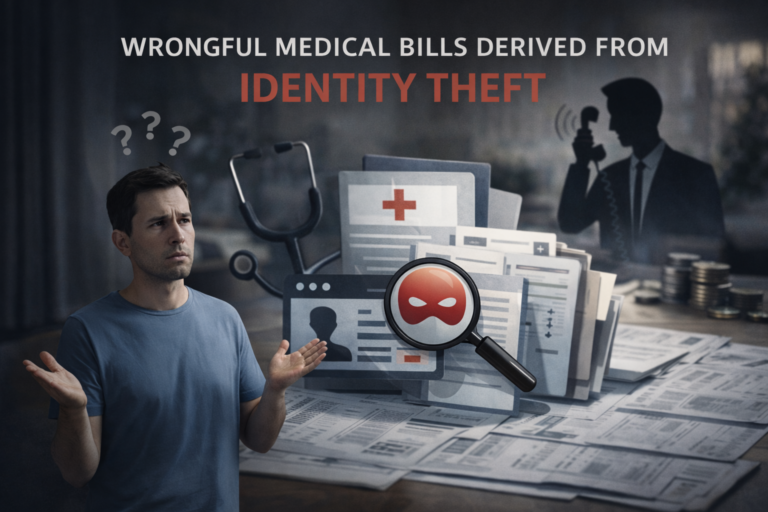 Confused man with question marks, medical documents, magnifying glass with mask icon, and silhouette on phone.