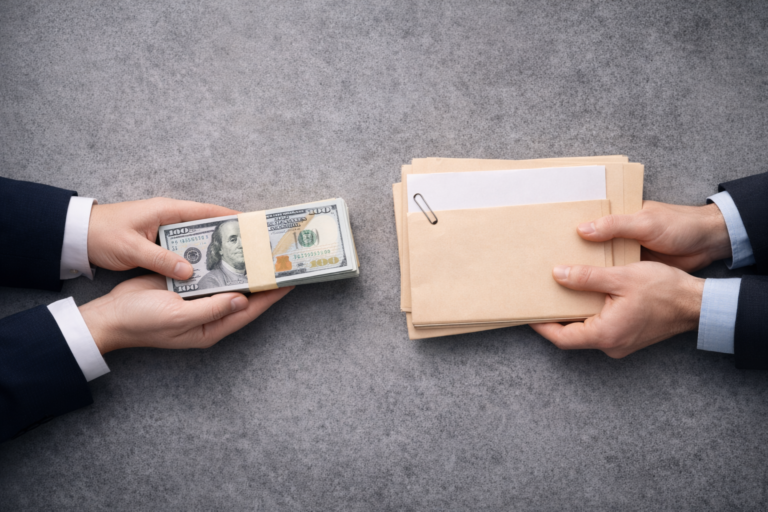 Two individuals in business attire exchanging a stack of US hundred-dollar bills and brown envelopes on a gray surface.