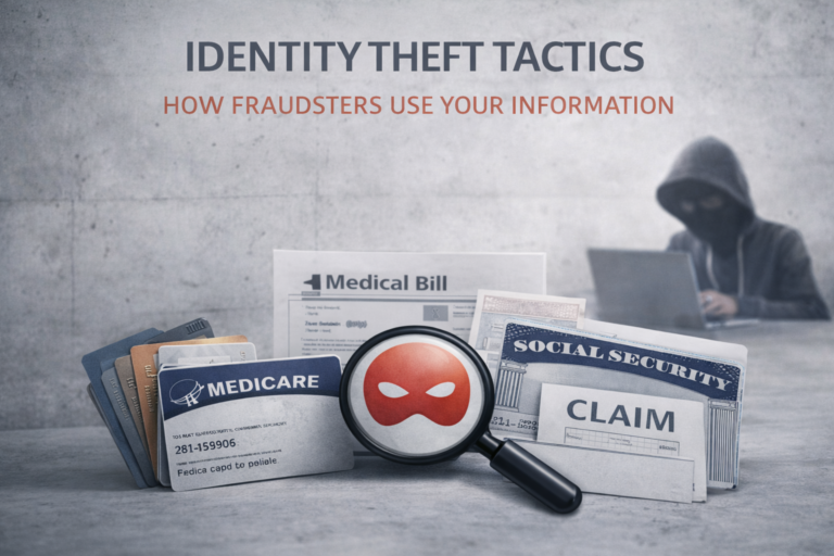 Hacker in hoodie using laptop behind identity theft documents including Medicare and Social Security cards.