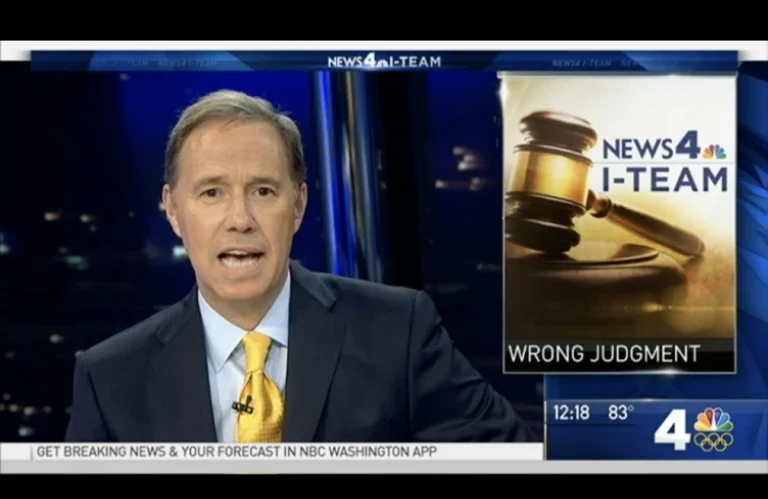 News anchor in dark suit and yellow tie presenting News4 I-Team segment titled "Wrong Judgment.