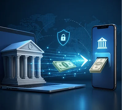 Digital illustration of money transferring from a classical bank building on a laptop to a smartphone with a banking app interface, set against a dark blue background with a world map and a security lock icon.