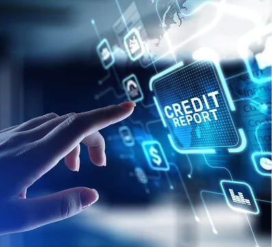 Hand reaching towards a glowing digital interface displaying "CREDIT REPORT" and financial icons.