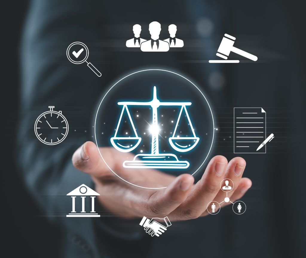 illustrative photo and graphic that has a man's hand held out with icons for the scales of justice and other legal symbols floating
