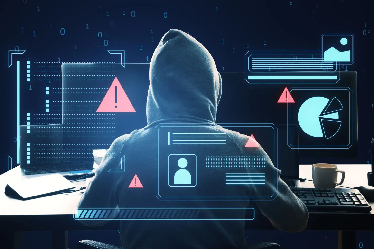 Person in gray hoodie at desk with dual monitors, digital warning icons and data overlays.