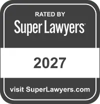 Badge with white text on a black background reading "Rated by Super Lawyers 2027, visit SuperLawyers.com.