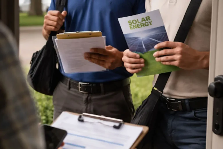 Two people holding clipboards and a brochure titled "Solar Energy" during a doorstep conversation.