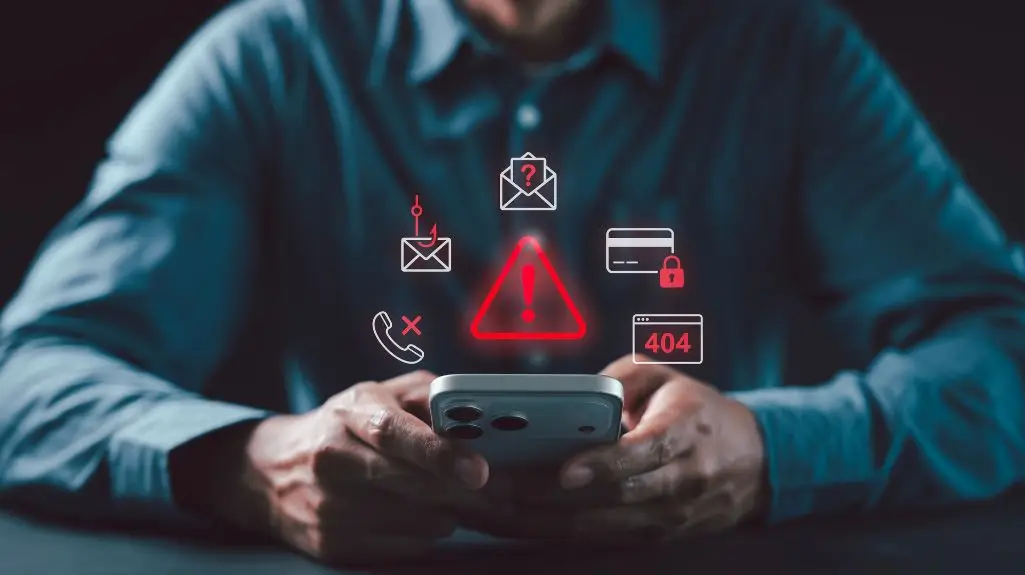 Person holding smartphone with floating red and white cybersecurity threat icons, including warning triangle, phishing email, locked credit card, and 404 error.